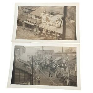 Vtg Monochromatic Asian Market Street Clover Store Lot of 2 B&W Photos 3 x 4.75"